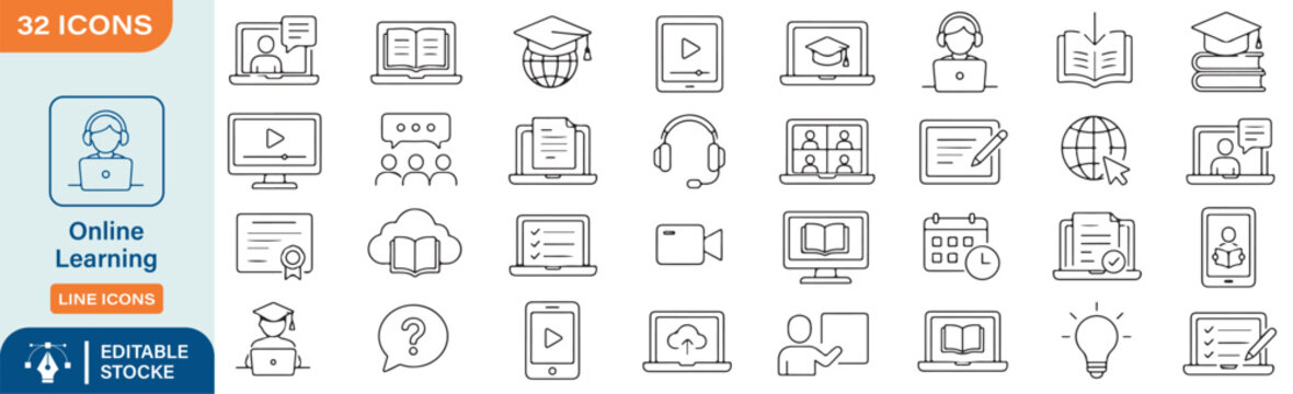 Online Learning and E-Learning Education Line Icons Set - 32 Editable Stroke Digital Classroom and Distance Training Vector Elements