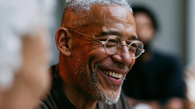 Close-up portrait of an older african-american man with a big smile on his face. he is wearing glasses and has a white beard.