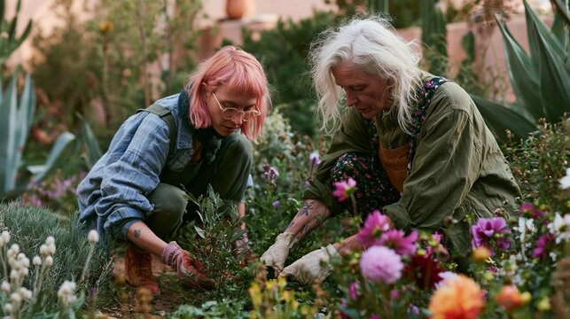Two women working in a garden. the woman on the left is wearing a denim jacket and has pink hair, while the woman in the middle is an older woman with white hair.