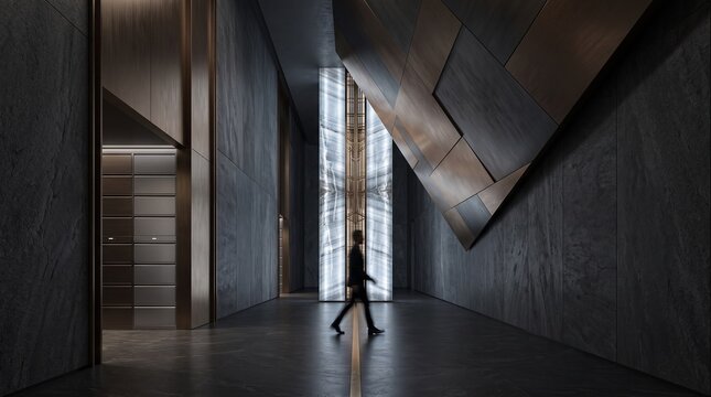 Person Walking Through Modern Minimalist Corridor with Light