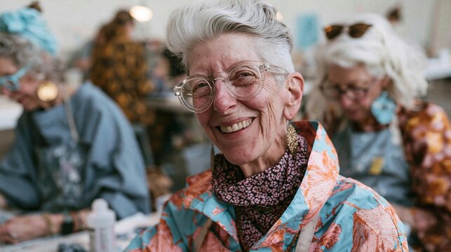 Elderly woman with white hair and glasses, smiling at the camera. she is wearing a colorful blouse with a floral pattern and a scarf around her neck.