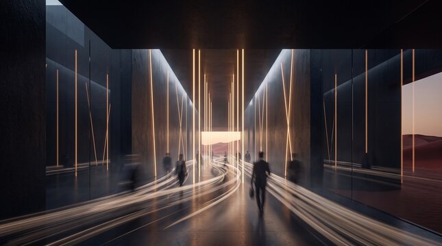 Modern Futuristic Corridor with Golden Light Streaks