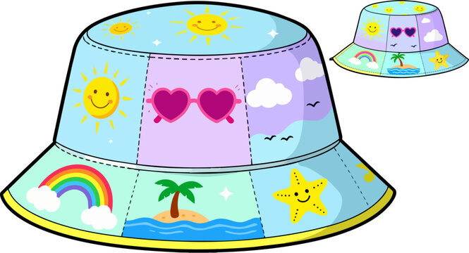 Colorful patchwork bucket hats, kids summer accessories, cartoon patch hats, beach vacation headwear