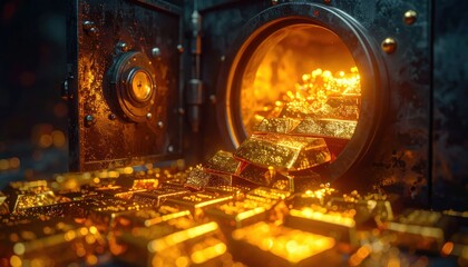 Fototapeta premium Massive vault door opening to reveal piles of gold.