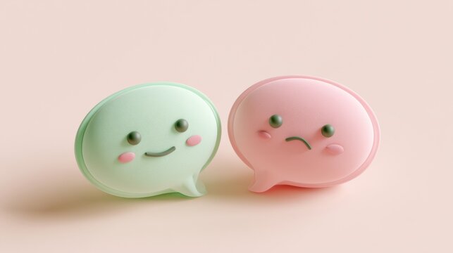 Two soft clay bubbles with smiley and sad faces represent feedback in pastel green and pink colors on a plain background with soft lighting