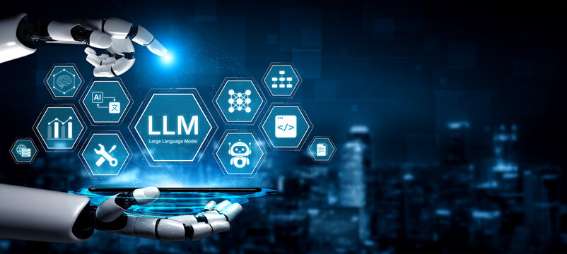 Large Language Model LLM processing data. Represents deep text learning, natural language processing NLP AI tech, transformer architecture, and generative AI deep learning future technology. Corpus
