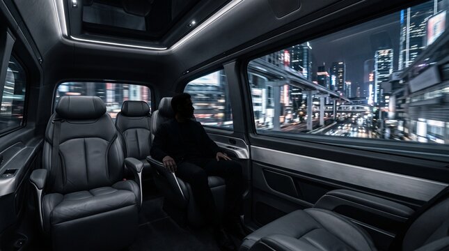 Luxury Vehicle Interior Driving Through Illuminated City at Night