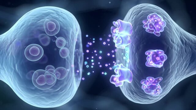 Microscopic view of a synapse showing the transmission of nerve impulses. With neurotransmitters released from the presynaptic terminal crossing the synaptic cleft to bind with postsynaptic receptors