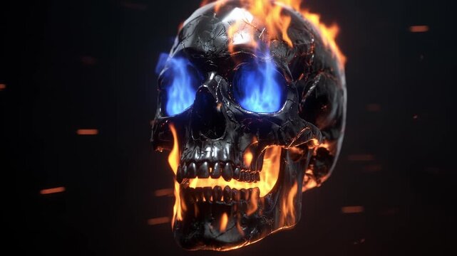Menacing black skull engulfed in orange flames with glowing blue fire in its eye sockets and fiery sparks floating around, creating a spooky and hellish atmosphere on a dark background
