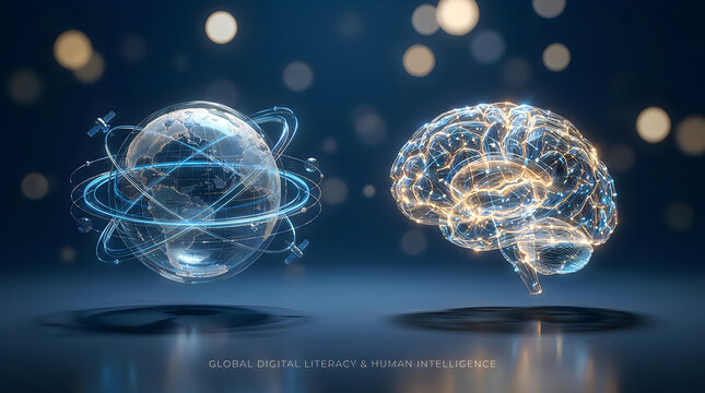 Digital human brain and rotating planet earth globe connected by data network technology