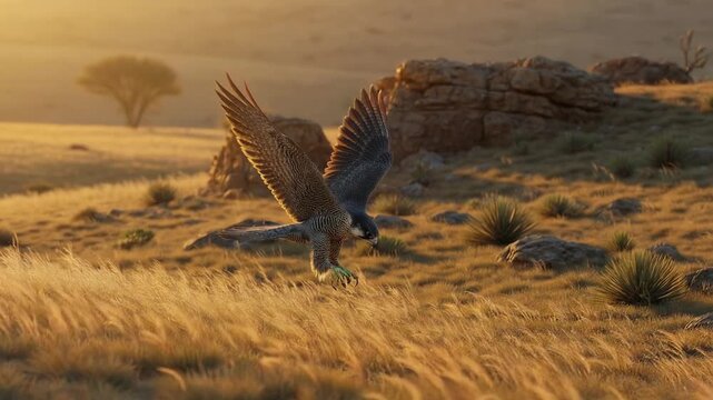Majestic peregrine falcon soaring in slow motion over a golden, windswept grassland during a beautiful sunset, its powerful wings spread wide as it hunts for prey in the wild habitat