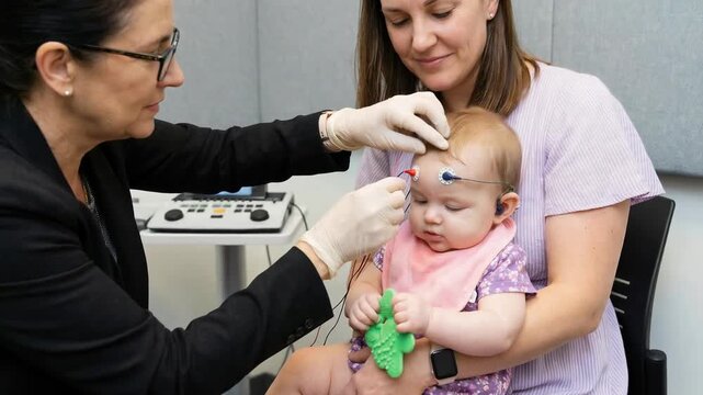 Female audiologist placing electrodes on a baby's head for an auditory brainstem response test while the mother holds her child, focusing on pediatric hearing assessment and diagnostics