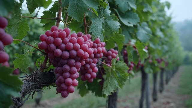 Beautiful clusters of ripe red grapes hanging from a vine, ready for harvest in a lush green vineyard. The shallow depth of field emphasizes the fruit, blurring the long rows of vines behind