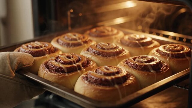 Delicious homemade cinnamon rolls steaming on a baking sheet being pulled out of a hot oven by a baker wearing an oven mitt, showcasing a cozy and appetizing moment in the kitchen
