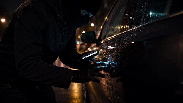 Masked car thief in a black balaclava and gloves using a smartphone and specialized hacking tools to unlock and steal a vehicle parked on a dark, wet city street at night