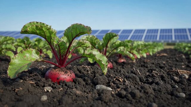 Close up of beetroot plants growing in a fertile field with a large solar panel farm in the background, illustrating the concept of agrivoltaics and sustainable energy for farming