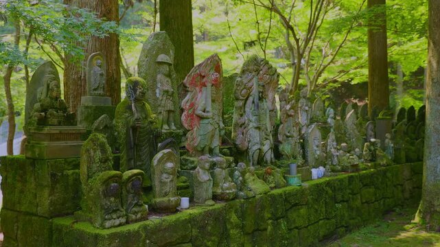 森の苔むした石垣に並ぶ古い仏像と不動明王の像