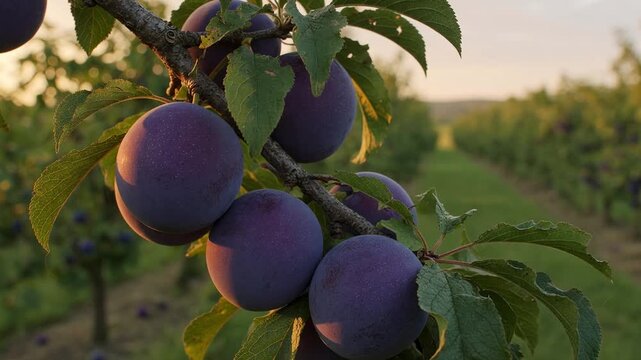Golden sunset light illuminating a branch full of ripe purple plums hanging in a lush green orchard, gently swaying in the wind just before harvest time. The background reveals rows of fruit trees