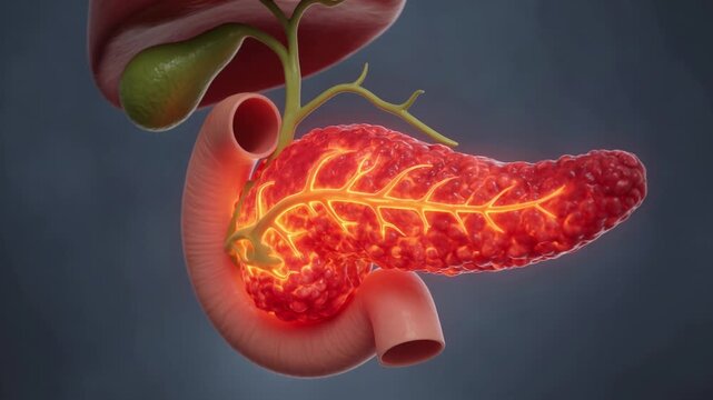 Medical animation showing the human pancreas with the liver, gallbladder, and duodenum. This realistic 3d rendering illustrates the organ's anatomy and the concept of pancreatitis or inflammation
