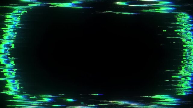 Abstract flickering frame border with neon green and blue pixel noise creating a dynamic glitch effect on a black background, representing a corrupted signal or futuristic digital data stream