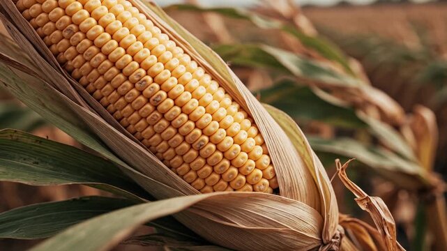 Close up of a single ear of corn with golden kernels growing on a stalk in a vast agricultural field, with its husk partially peeled back showing the vegetable ready for harvest