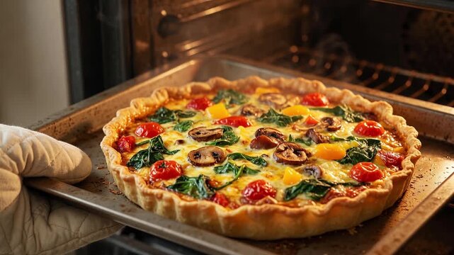 Close up of a baker wearing an oven mitt taking a freshly baked vegetable quiche out of the oven, with steam rising from the hot savory tart filled with spinach, mushroom, and tomato