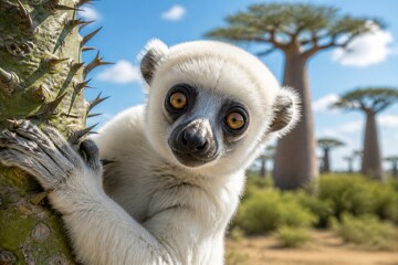 Fototapeta premium White sifaka lemur clinging to baobab trunk in savanna