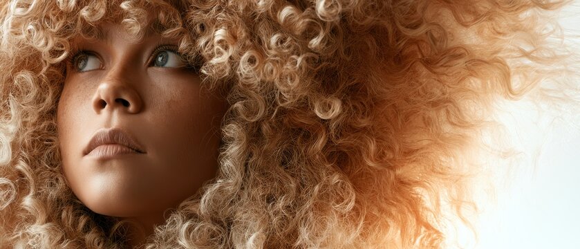 Ultra-wide panoramic hair commercial banner with a face on one side looking up, surrounded by an extensive amount of voluminous blonde spiral curls, and a continuation of the curly hair