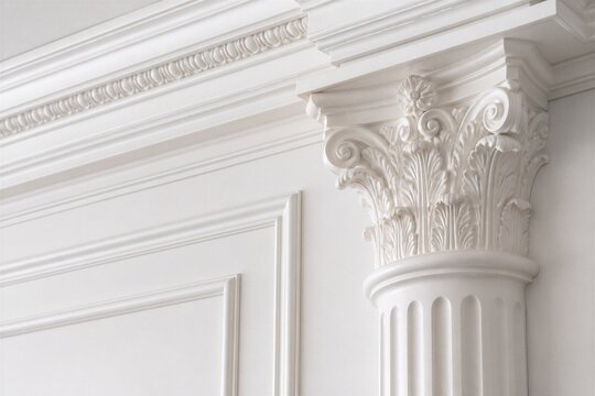Decorative corinthian column capital with ornate molding in interior