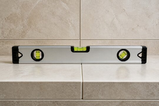 Spirit level placed across tile joint on bathroom wall surface