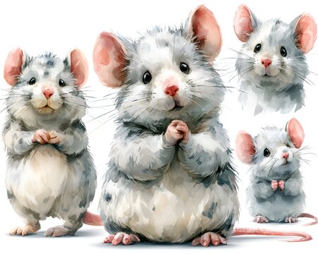 Adorable watercolor illustration of a group of grey and white mice with pink ears and noses