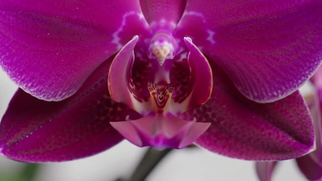 Extreme close up of symmetric magenta phalaenopsis orchid flower center showing labellum detail