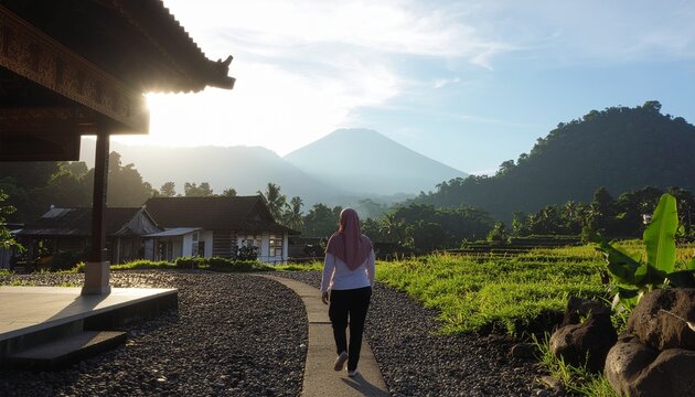 Indonesian Woman in Hijab Walking Through Traditional Village and Rice Fields with Mount Merapi Background
