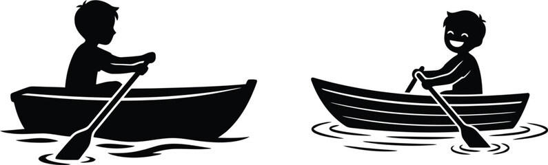 Black silhouette illustrations of children rowing boats on water © Akash Hassan