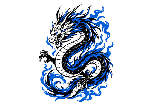 Blue Flame Japanese Dragon Vector &ndash; Fierce Oriental Mythical Dragon Tattoo Design