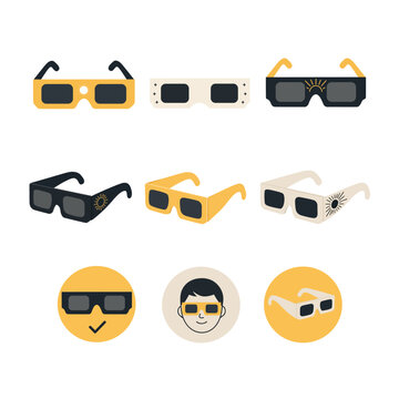 Solar Eclipse Glasses Flat Icon Set with Safety Eyewear Designs
