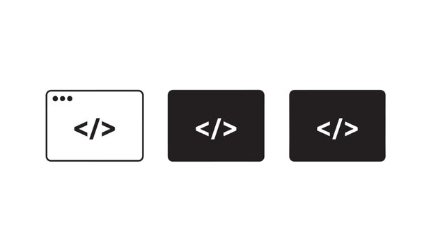 Minimalist flat vector coding icons arranged horizontally, featuring < /> symbols in browser and dark rectangles.