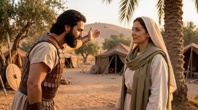 A historical, biblical scene depicting Barak, a bearded warrior dressed in leather scale armor, gesturing as he speaks to Deborah, a prophetess wearing traditional ancient robes and a head covering. T