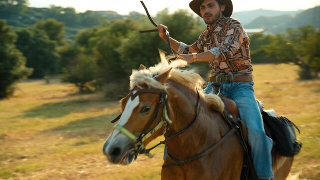 A man cowboy gallops quickly on horseback in a wilderness at sunset