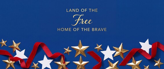 Patriotic American Independence Day background with gold stars and red ribbon on blue background, perfect for fourth of July, Veterans Day, Memorial Day greetings and US national celebrations.