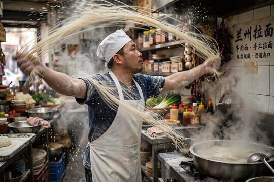 Male chef energetically making traditional Lanzhou hand pulled noodles in a bustling Chinese kitchen with flour flying in the air
