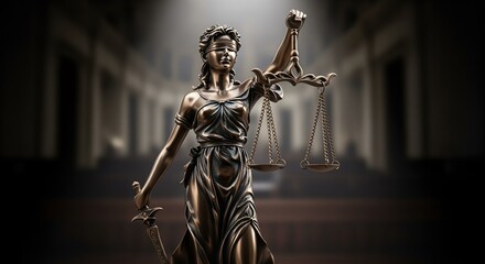 Fototapeta premium Bronze statue of Lady Justice in a grand hallway, holding balanced scales and sword. She wears flowing robes and blindfold, symbolizing impartiality. Perfect for legal projects.