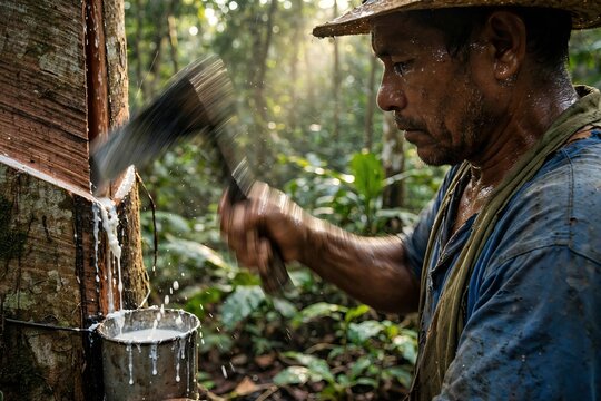 Sweaty Southeast Asian rubber tapper harvesting latex from a Hevea brasiliensis tree using a specialized knife in a lush tropical plantation