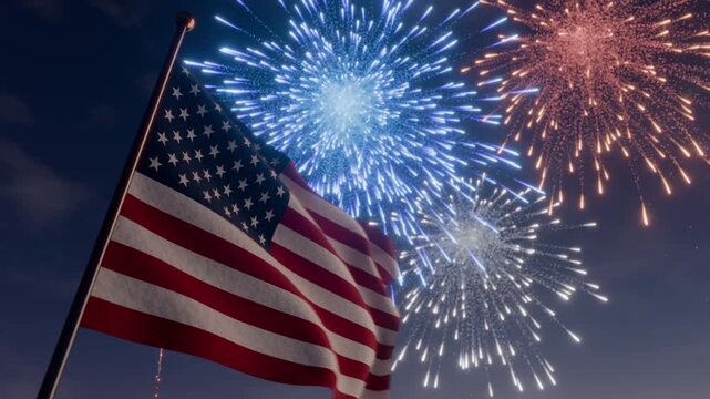 Flag of the United States of America during a New Year's Eve fireworks display