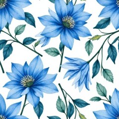Fototapeta premium Cute blue floral watercolor seamless pattern