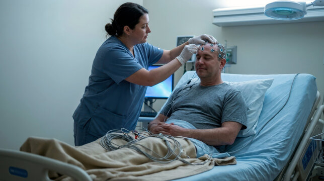 Sleep technician carefully fitting EEG electrodes onto a calm volunteer seated on a hospital-style bed, with coiled cables, a bedside monitor glowing softly, and a folded blanket; cool clinical