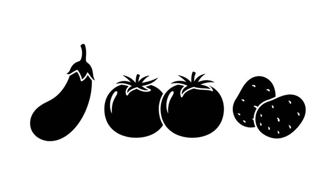 Vector illustration of black silhouette vegetable icons set of eggplant, tomatoes and potatoes on a transparent background