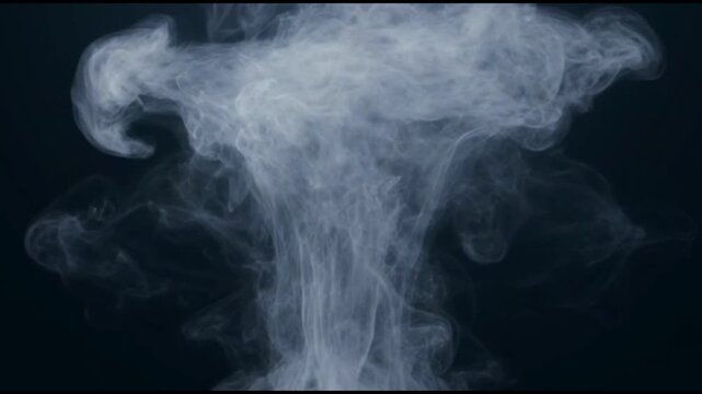 White Smoke Explosion on Black Background, Abstract Swirling Vapor, Fog Effect