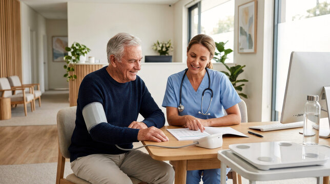 A senior man in a wellness clinic reviews a longevity consultation with a nurse, beside a blood pressure cuff, body composition scale, and water bottle; clean interior, gentle daylight.