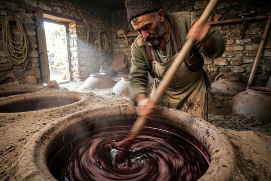 Traditional Georgian winemaker wearing a papakha hat vigorously stirring fermenting grape must in a clay qvevri using a wooden pole inside a rustic stone cellar